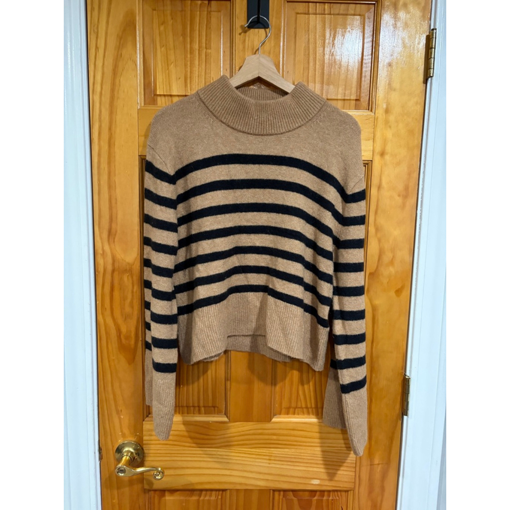 J.Crew Striped Mock Neck Sweater Camel Stripe Merino Wool Alpaca Cozy Classic